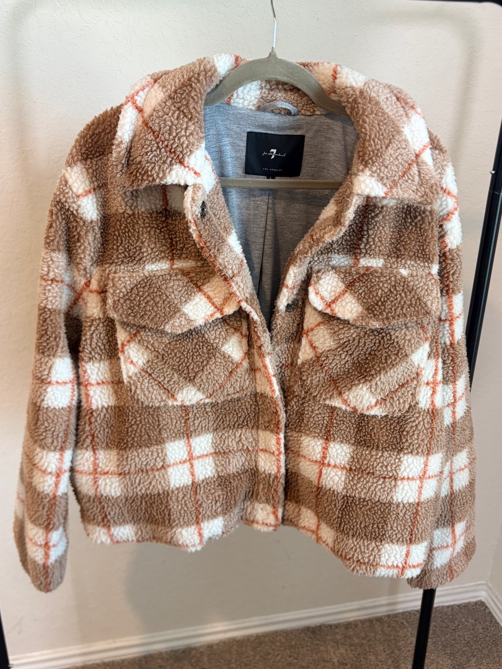 7 For All Mankind Plaid Sherpa fleece Tan Tan Trucker Jacket